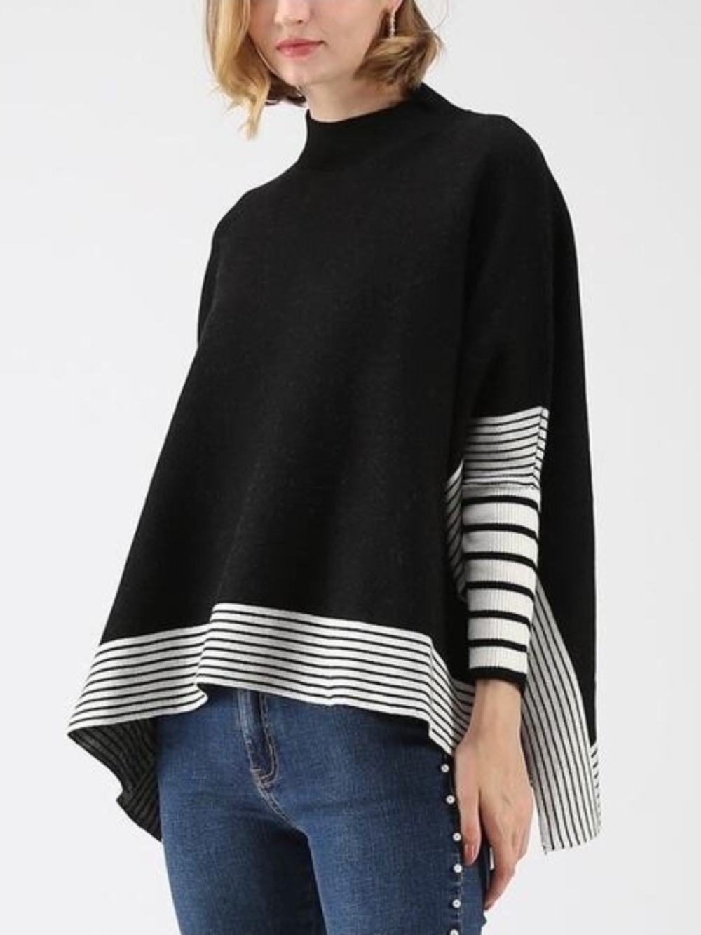 Max Studio Black & Cream Striped Turtleneck Poncho Sweater